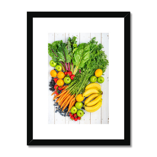 Flat lay of fresh fruit and vegetables on a modern rustic background Framed & Mounted Print