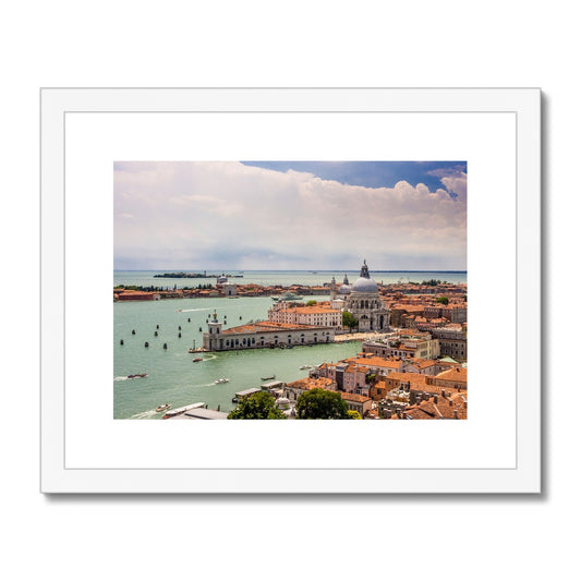 Aerial photograph of Punta della Dogana and church of Santa Maria della Salute, Venice, Italy. Framed & Mounted Print