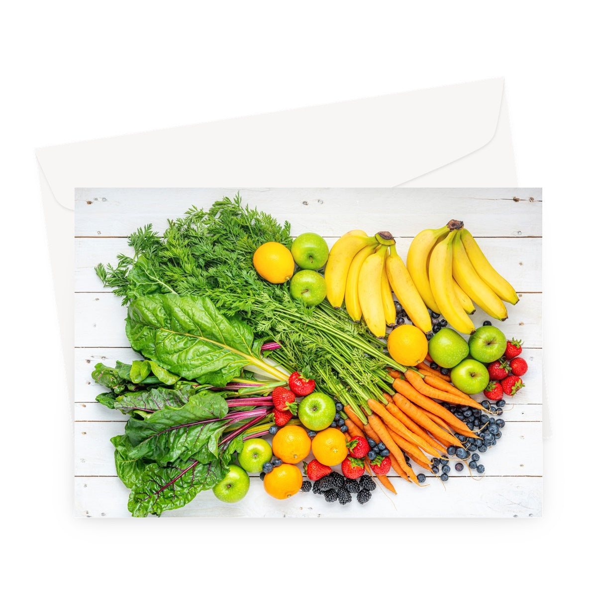 Assortment of fresh fruit and vegetables on white wooden boards. Greeting Card