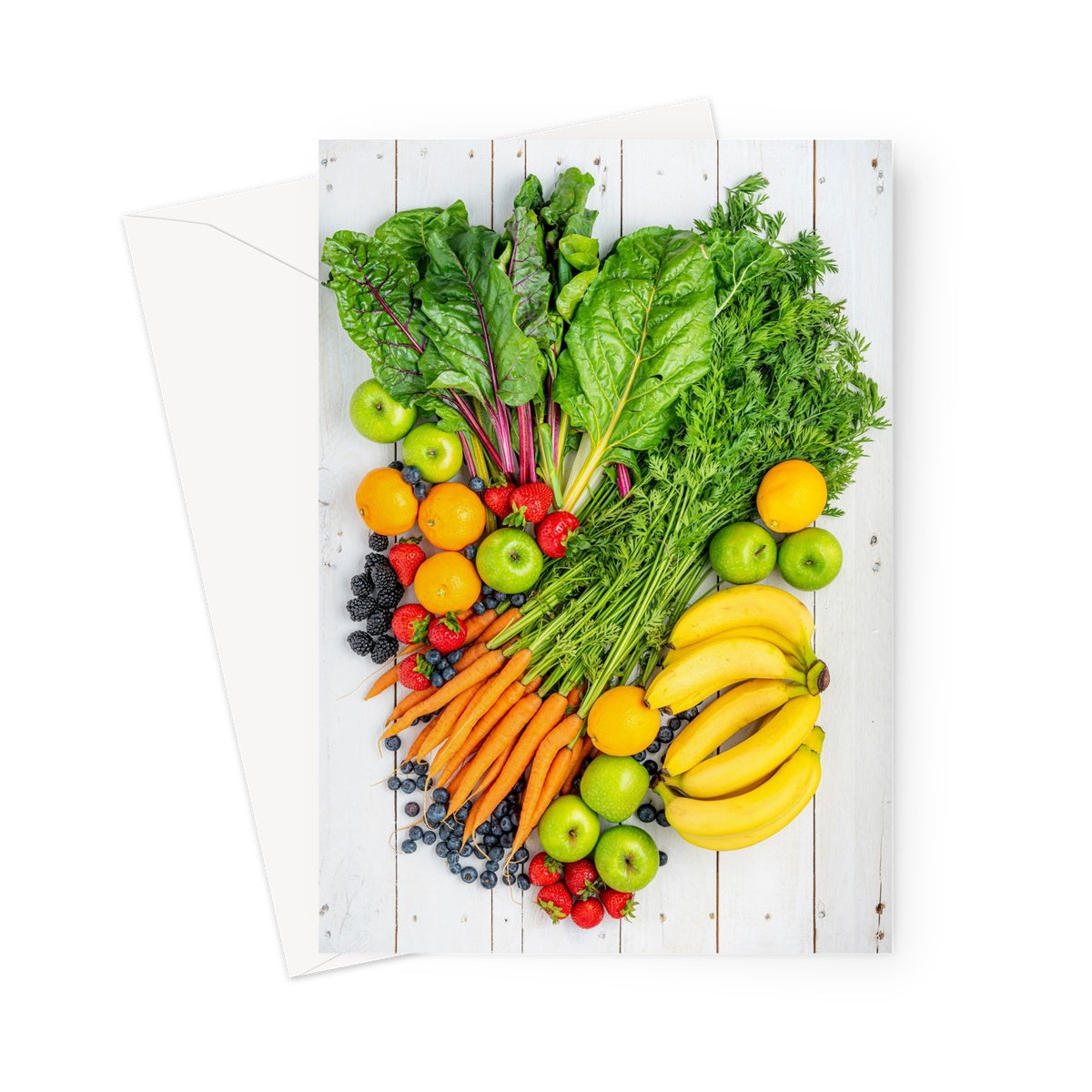 Flat lay of fresh fruit and vegetables on a modern rustic background Greeting Card