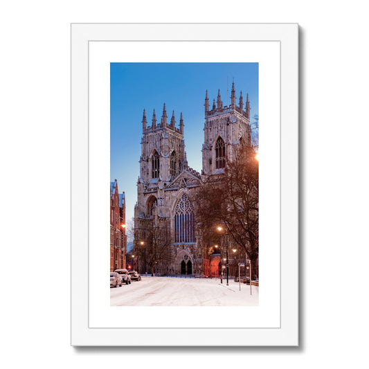 West front of York Minster and Duncombe Place in the snow, York, UK. Framed & Mounted Print