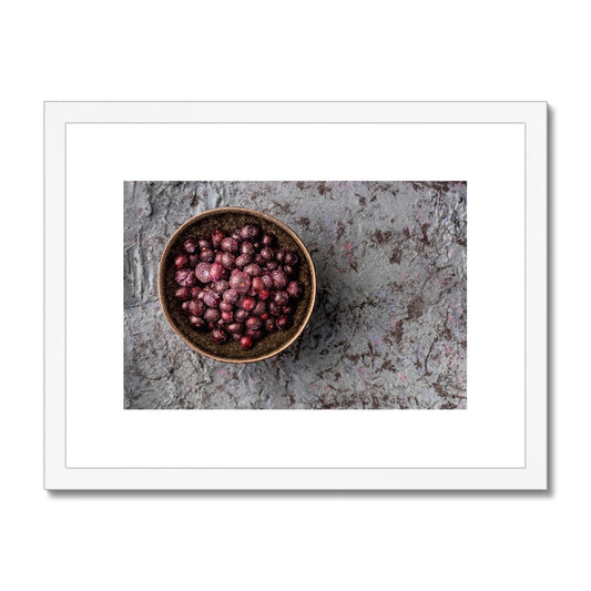 Flat lay: bowl of frozen blueberries  Framed & Mounted Print