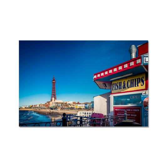 FISH AND CHIPS sign on Central Pier and Blackpool Tower. Fine Art Print