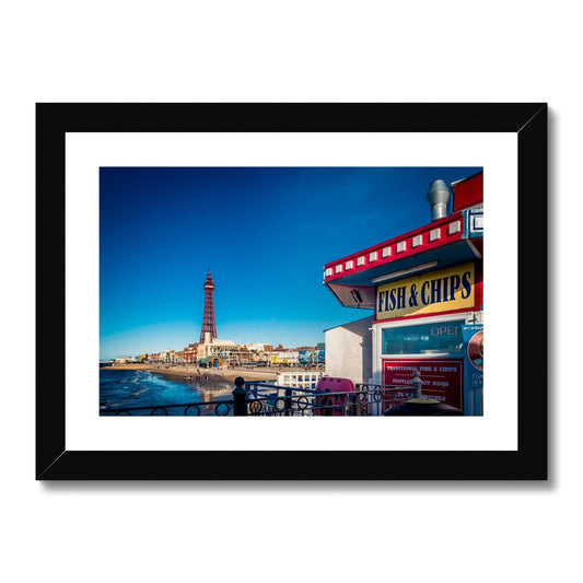 FISH AND CHIPS sign on Central Pier and Blackpool Tower. Framed & Mounted Print