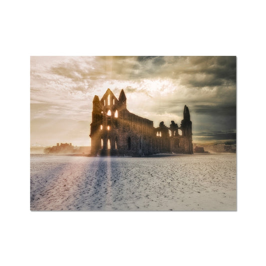 Whitby Abbey at sunset in the snow, Whitby, UK. Fine Art Print