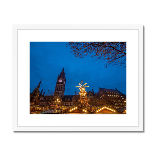 Manchester Town Hall and Christmas market at night Framed & Mounted Print