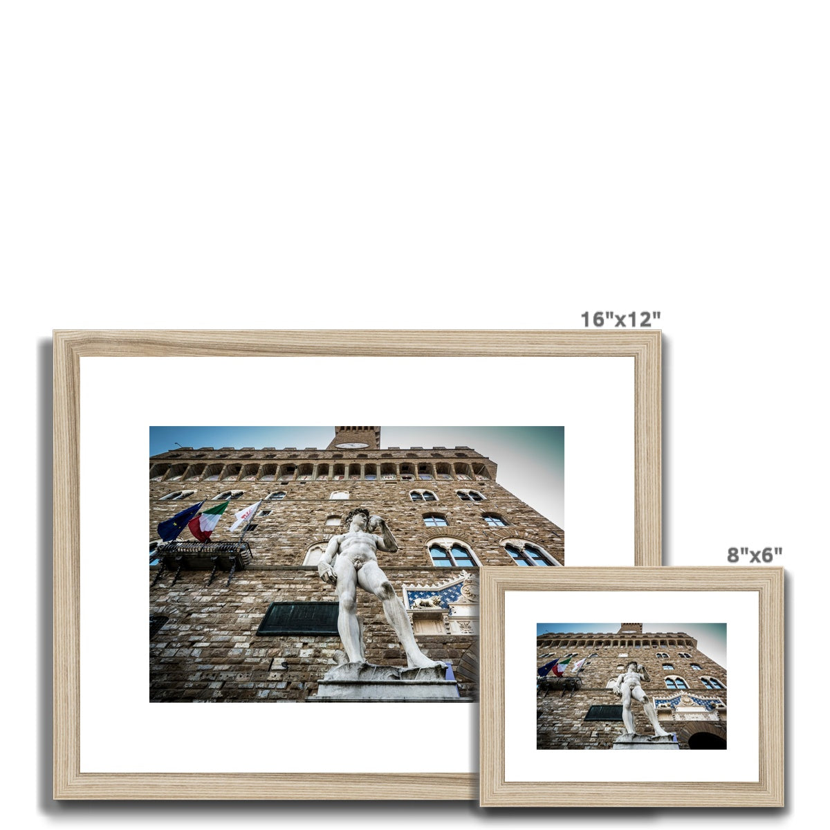 Statue of David overlooking Piazza della Signoria, with Palazzo Vecchio behind. Florence, Italy. Framed & Mounted Print
