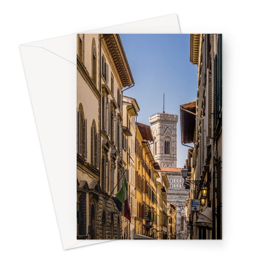 Giotto's Campanile glimpsed between buildings in the city of Florence, Italy. Greeting Card