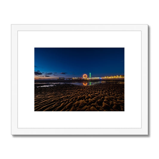 Blackpool Tower and Central Pier with reflection of illuminations Framed & Mounted Print