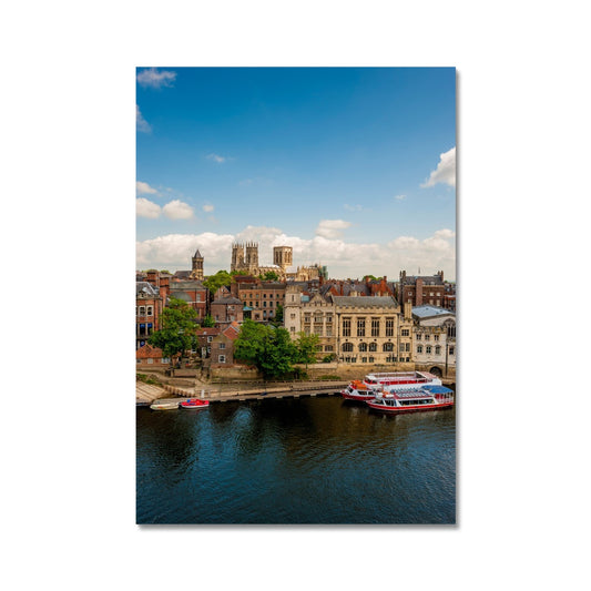 Moored boats on the River Ouse with the Guildhall and York Minster in the distance. York. UK Fine Art Print