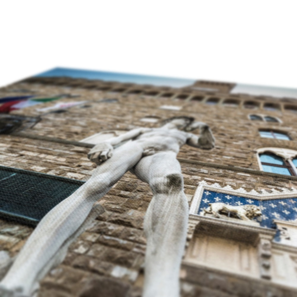 Statue of David overlooking Piazza della Signoria, with Palazzo Vecchio behind. Florence, Italy. Canvas