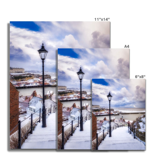 Snow covered steps leading down from St Mary's Church, Whitby, UK. Fine Art Print