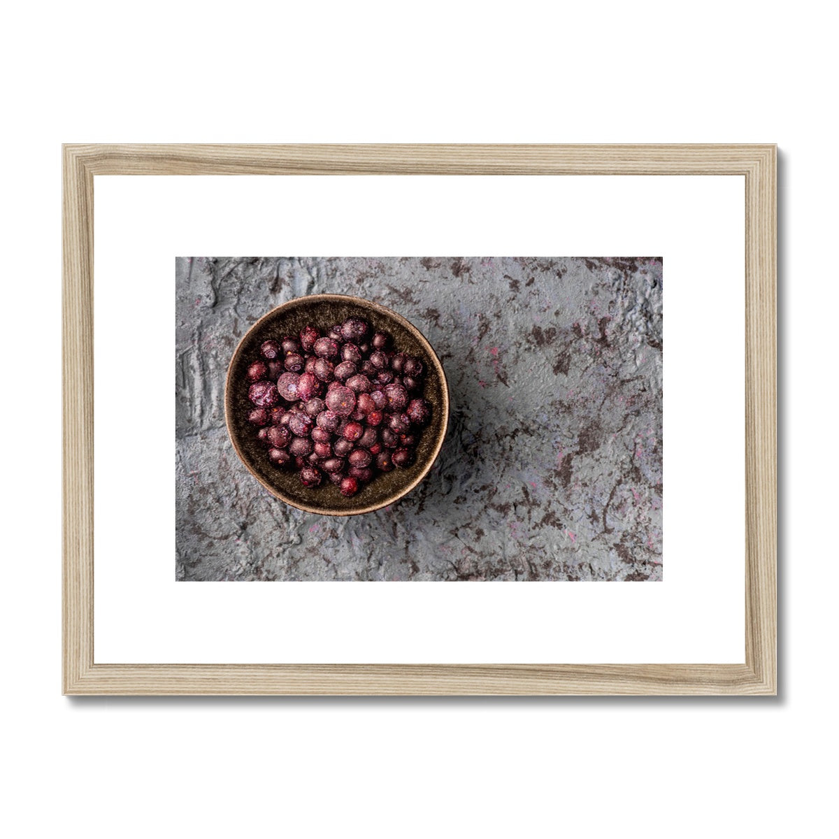 Flat lay: bowl of frozen blueberries  Framed & Mounted Print