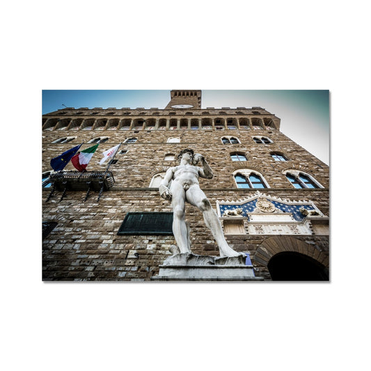 Statue of David overlooking Piazza della Signoria, with Palazzo Vecchio behind. Florence, Italy. Fine Art Print