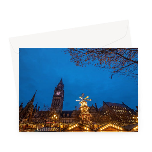Manchester Town Hall and Christmas market at night Greeting Card
