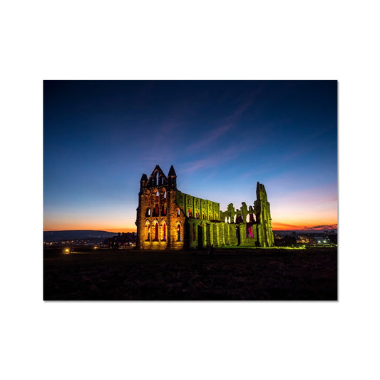 Whitby Abbey illuminated for Halloween, Whitby, UK. Fine Art Print