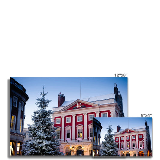 York Mansion House and Christmas tree in the snow, York, UK. Fine Art Print