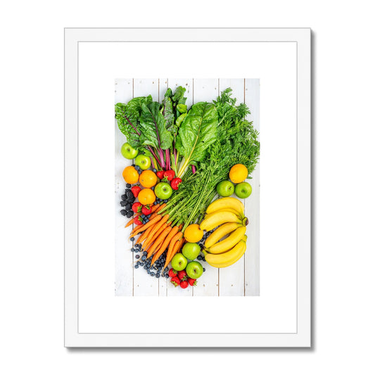 Flat lay of fresh fruit and vegetables on a modern rustic background Framed & Mounted Print