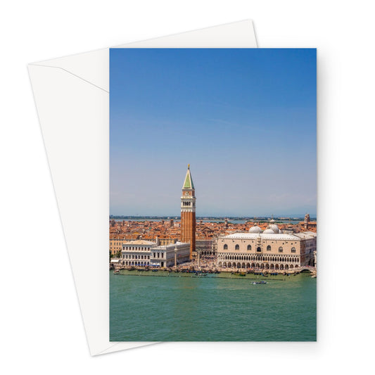 Aerial view of  Doges Palace and the bell tower of St Marks basilica, St Marks Basin, Venice. Italy. Greeting Card